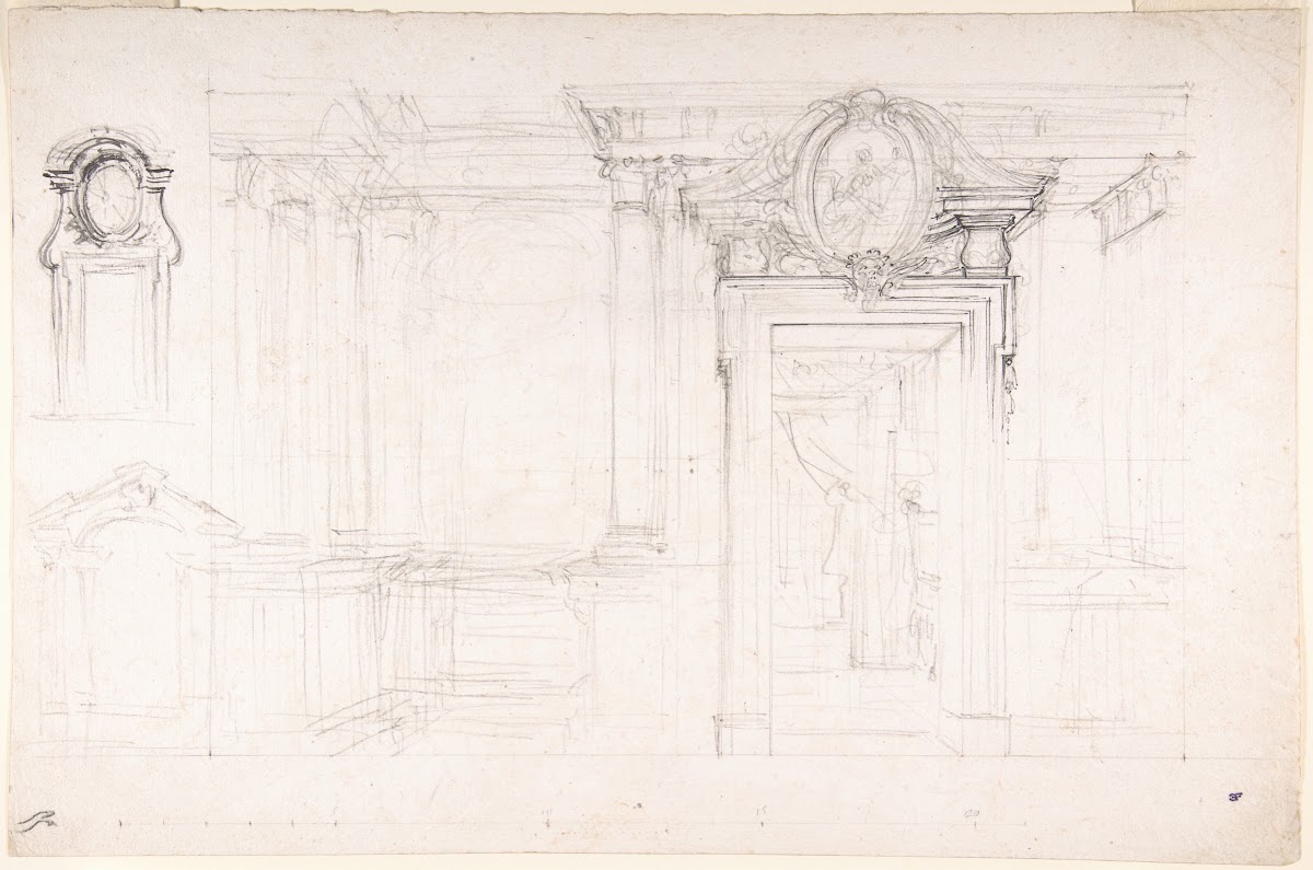 Architectural Sketch for the design of a Wall with Doorway with two smaller sket