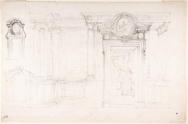 Architectural Sketch for the design of a Wall with Doorway with two smaller sket