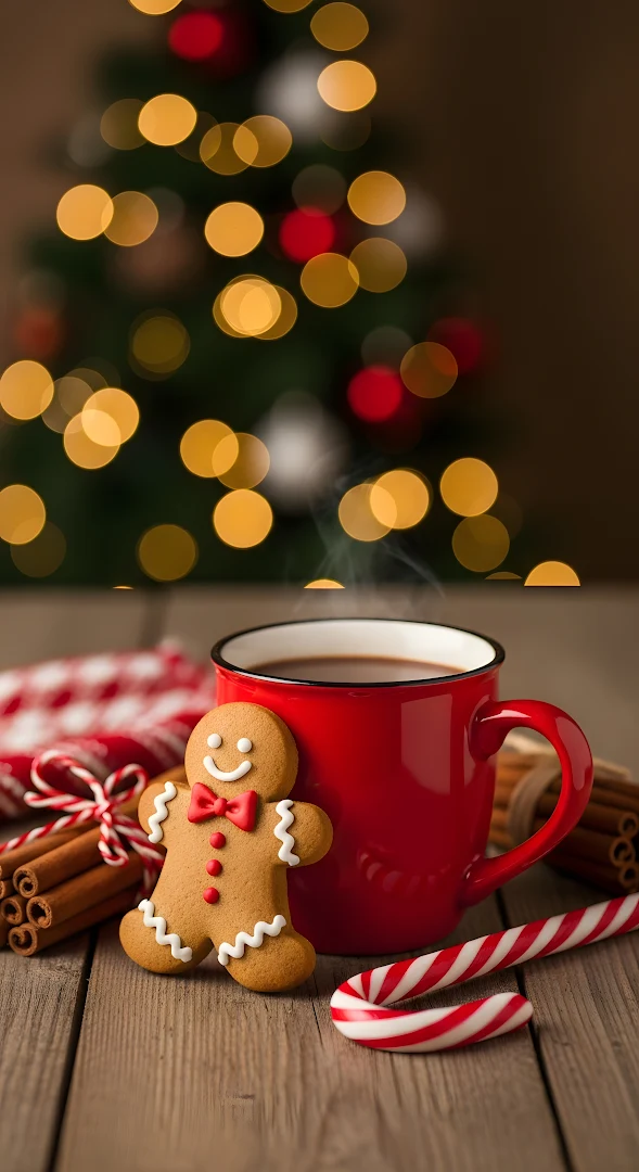 Gingerbread Man Hot Cocoa Christmas Bokeh Lights
