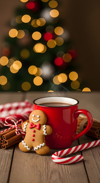 Gingerbread Man Hot Cocoa Christmas Bokeh Lights - Free mobile Wallpaper
