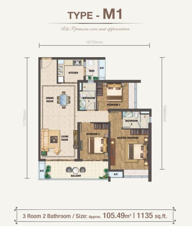Princess Cove RNF Phase 2 Type M1 floor plan — 1135 sq ft, 3 bedrooms