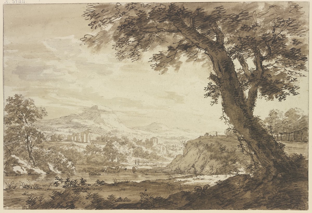 Italienische Landschaft mit Ruinen rechts bei einem Wasser ein großer Baum 1789