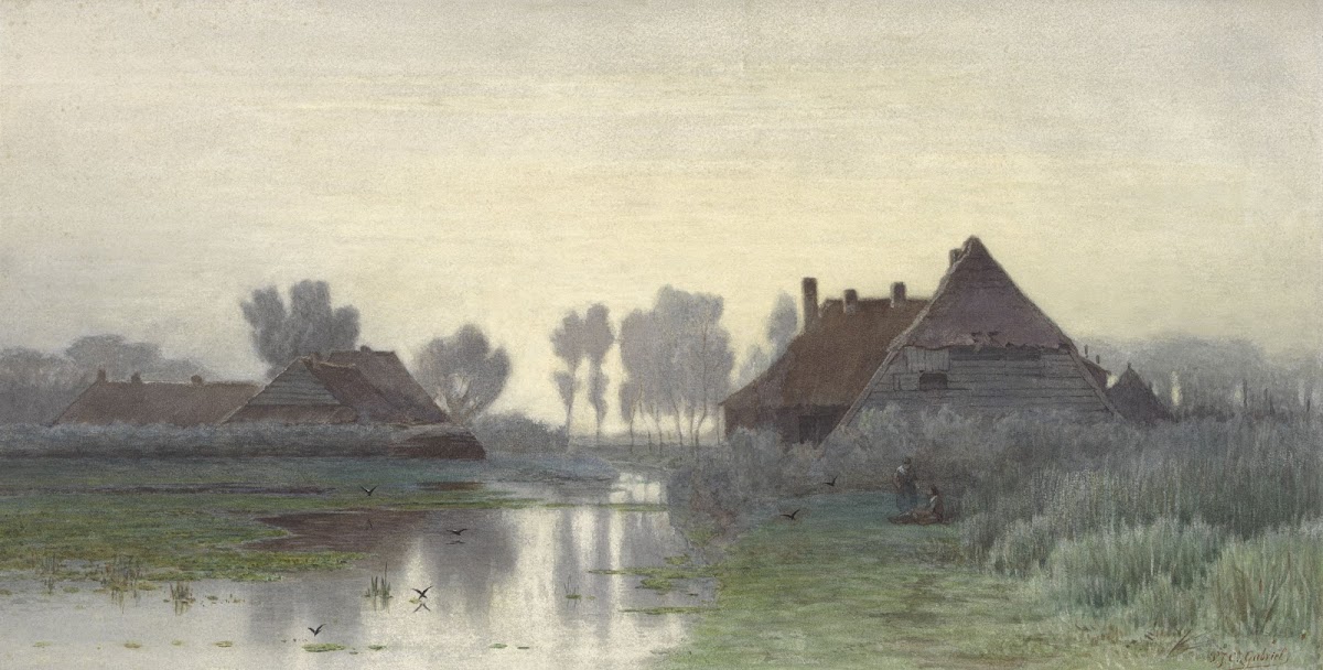 Boerenwoningen aan het water bij ochtendnevel 1838   1903