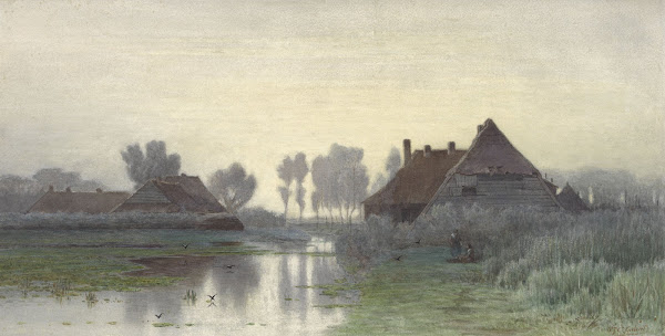 Boerenwoningen aan het water bij ochtendnevel 1838   1903