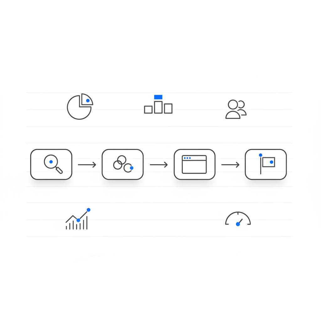 Notebook-style vector workflow map of a search campaign showing keyword research → ad groups → landing pages → conversions with minimalist icons and #1a5bfb accents on a white background &mdash; google ads small budget
