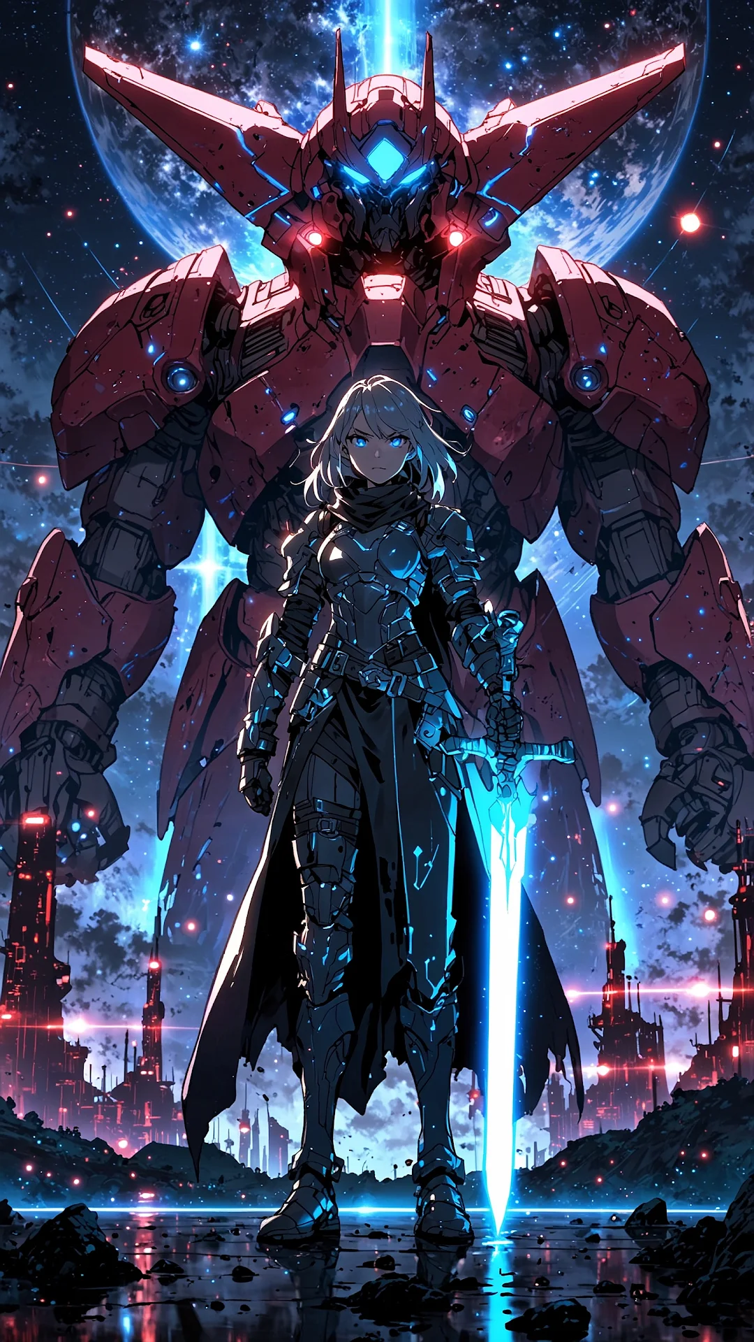 Armored Warrior with Glowing Sword and Mech - Free 4K mobile Wallpaper