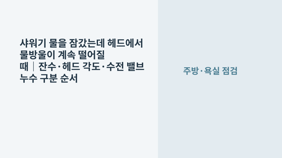 물을 잠근 뒤에도 샤워기 헤드에서 물방울이 떨어져 잔수와 수전 누수를 구분하는 욕실 점검 장면