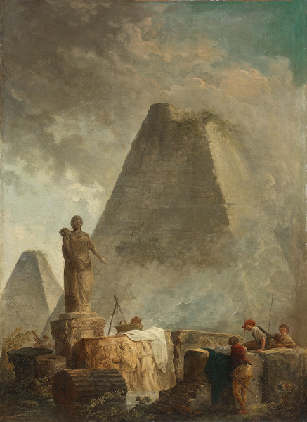 Banditti by a fountain with a statue of abundance two pyramids beyond