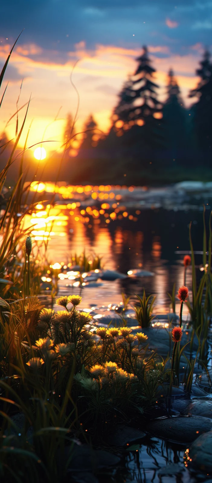 Wildflowers by a Sunset River - Digital Art Full HD iPhone Wallpaper (1080x2460)