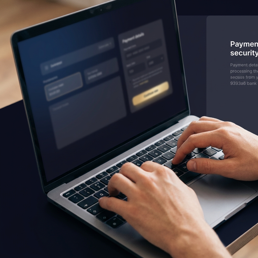 Close up of hands typing on a laptop showing blurred payment details conveying trust and security for a betus withdrawal page in Funded Plays minimalist aesthetic