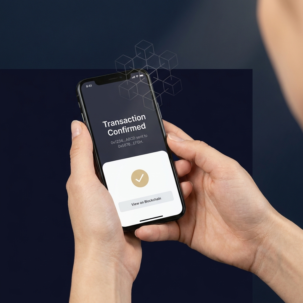 Closeup of hands holding smartphone showing wallet address and transaction confirmation with transparent blockchain overlay in minimalist Funded Plays style sports betting crypto
