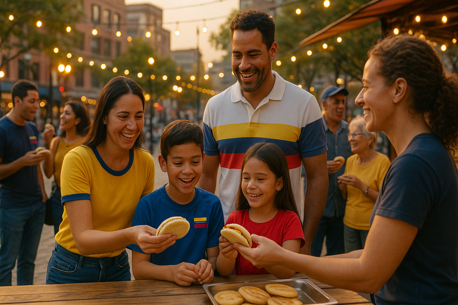 Venezolanos en el exterior compartiendo arepas en una feria navideña