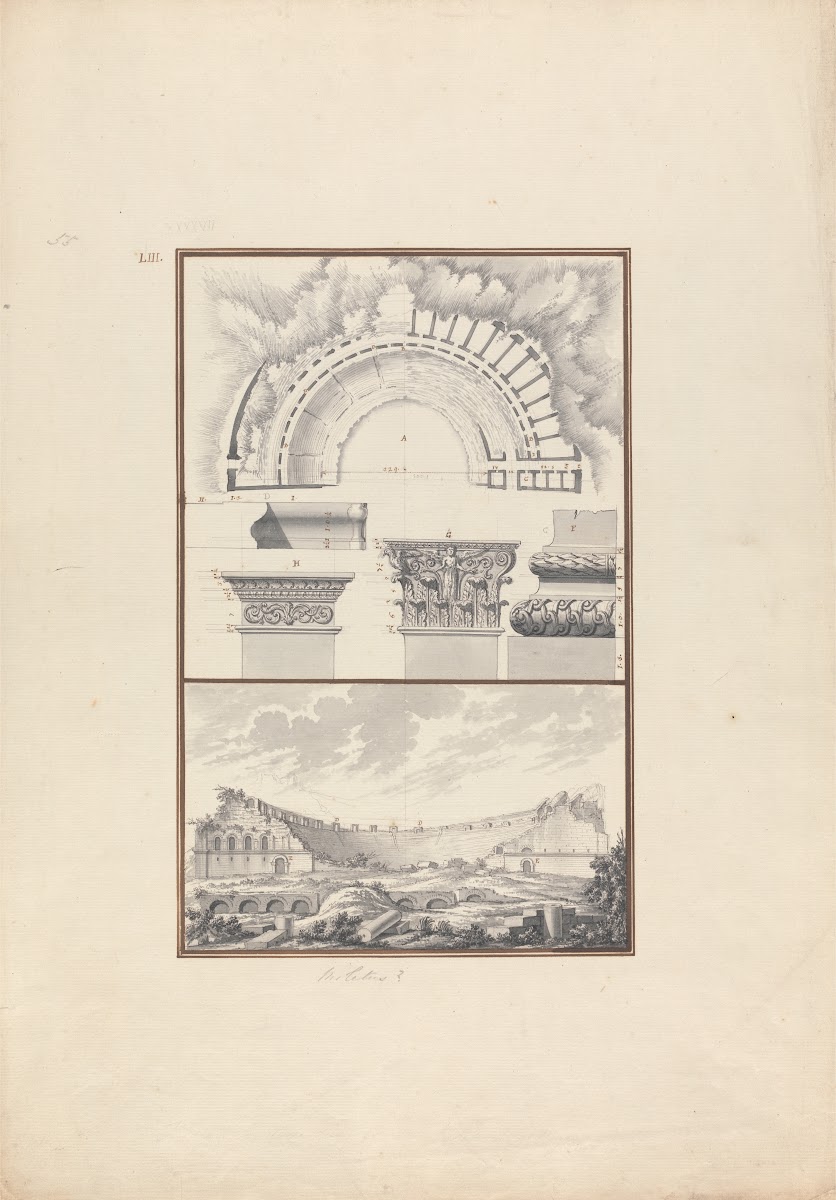 Top Panel Plan Column Details Bottom Panel View of a Ruined Theater Probably tha