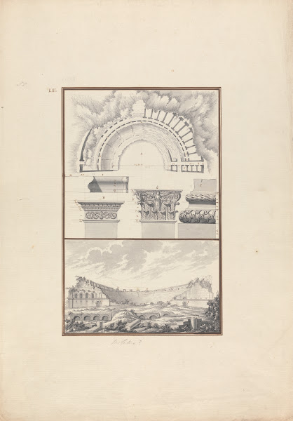Top Panel Plan Column Details Bottom Panel View of a Ruined Theater Probably tha