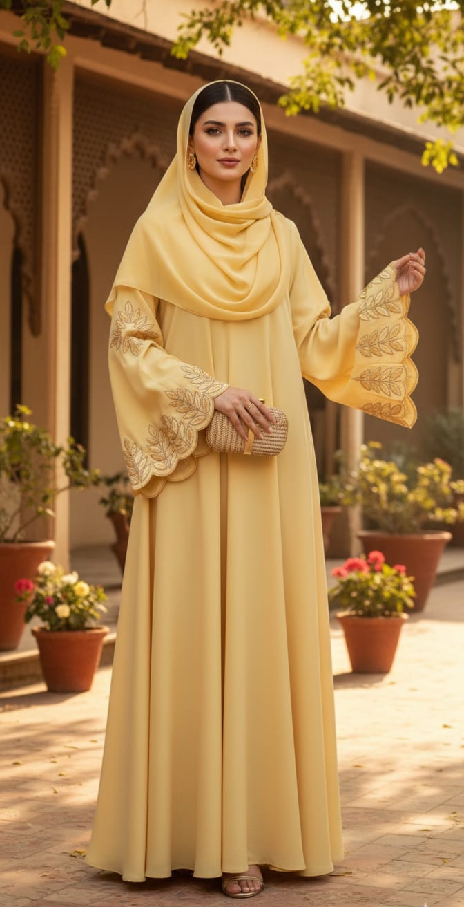 Lemmon Embroidered Abaya – Elegant Modest Wear with Classic Detailing