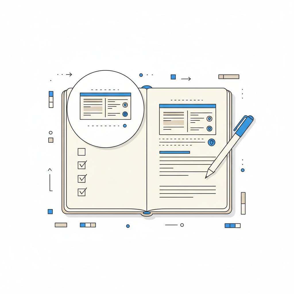 Top-down vector desk scene with open notebook, checked checklist boxes, a pen and a magnified disclaimer diagram &mdash; visual concept for Why was lawyer advertising banned?