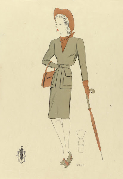Vrouw met handtas en paraplu ca 1942