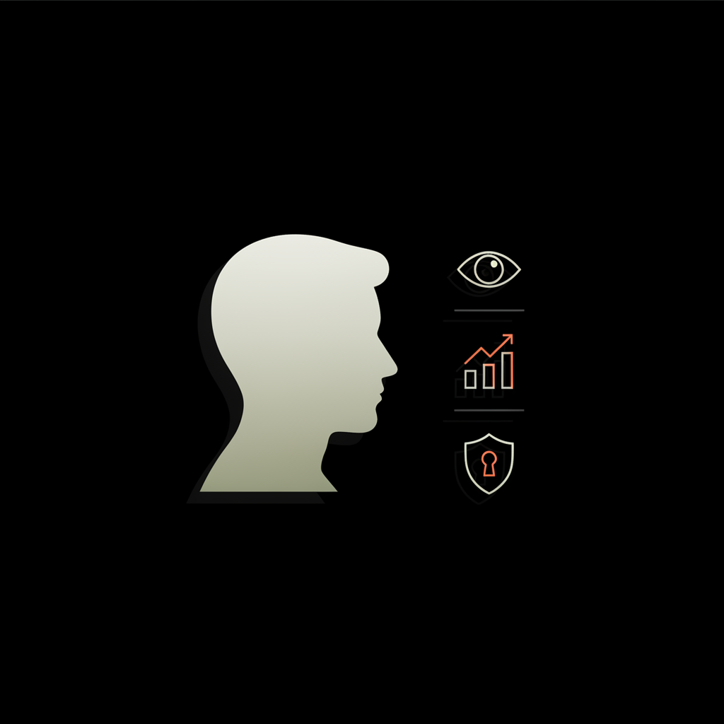 Vertical minimalist infographic on black background showing a stylized profile silhouette with overlay vector icons for profile views, analytics and privacy in Social Success Hub brand colors.