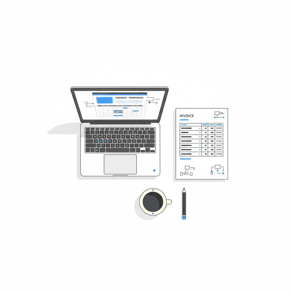 Top-down minimalist vector flat-lay of a tidy workspace with a laptop and printed invoice showing numeric columns, suggesting audit and cleanup &mdash; Why did Google Ads charge me $500?