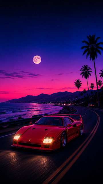 Retro Synthwave Sports Car Coastal Sunset Wallpaper - Free mobile Wallpaper