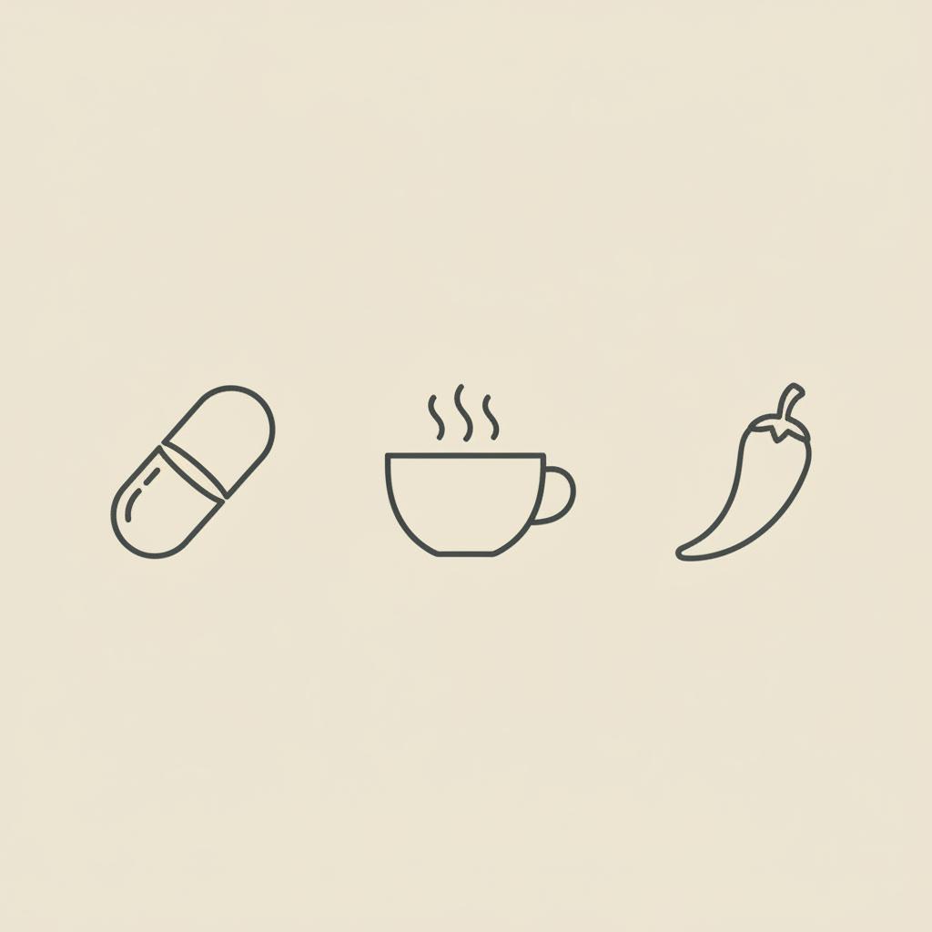 Minimalist vector line icons of a capsule, steaming green tea cup, and chili pepper on beige background representing metabolism support.