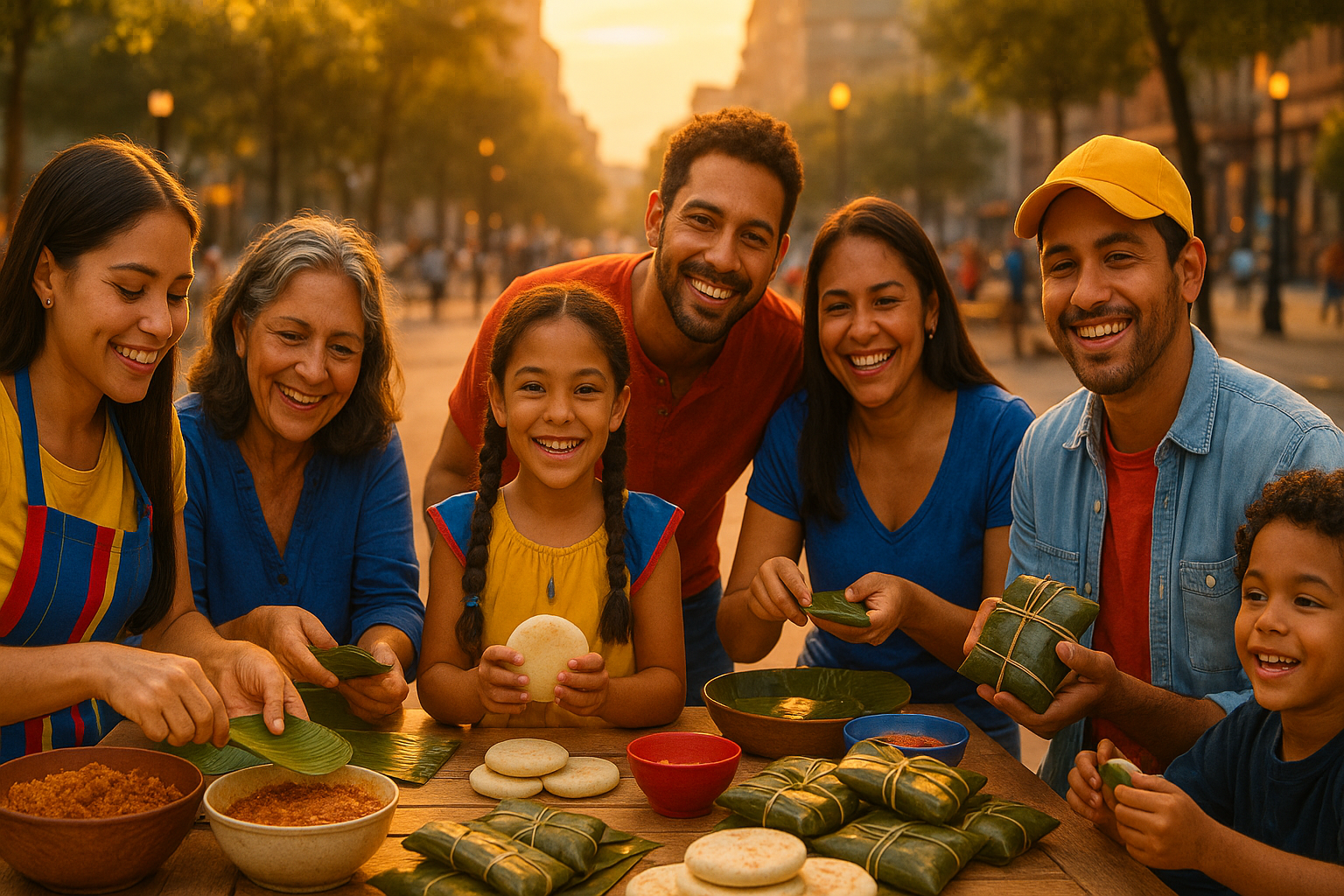 Venezolanos de la diáspora compartiendo hallacas en una mesa comunitaria al atardecer