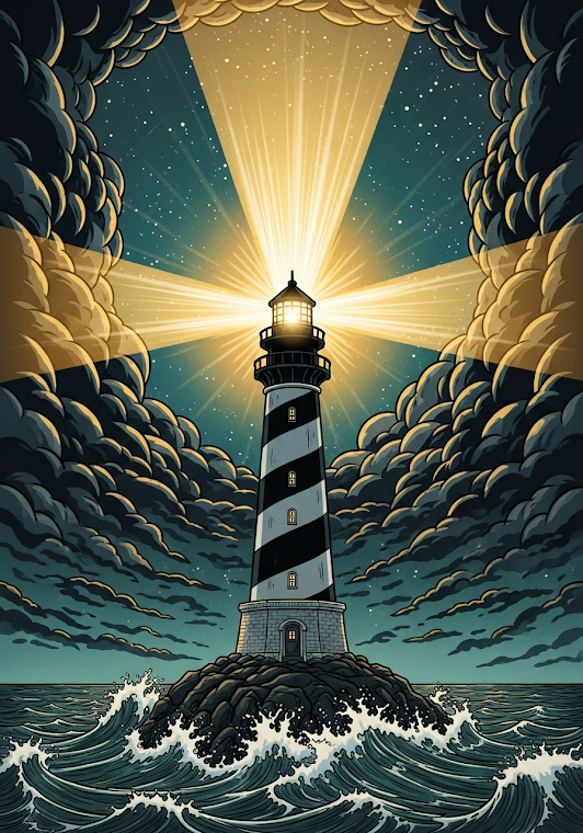 Lighthouse on Rocky Island Stormy Night