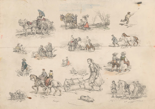 Figuurstudies met paarden en wagens 1832   1880