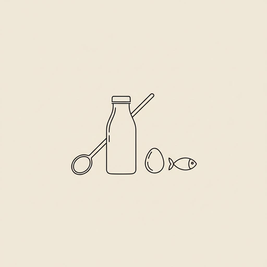 Minimalist vector line illustration of a bottle, spoon, egg and small fish on a beige background, representing high-protein drinks and ingredients.