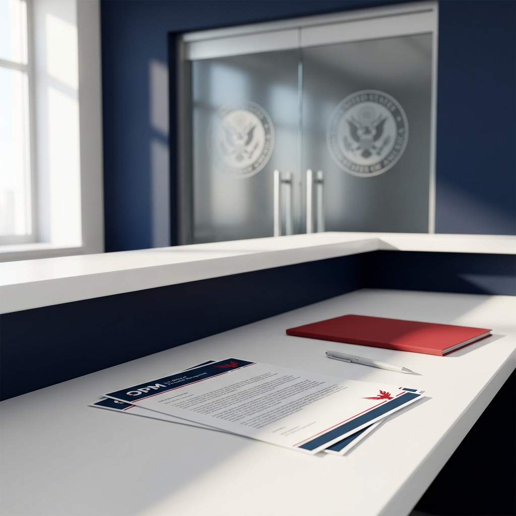 Close full frame view of a government office entrance with an OPM document on a desk in the foreground soft focus minimalist Michael Carbonara style american govt jobs