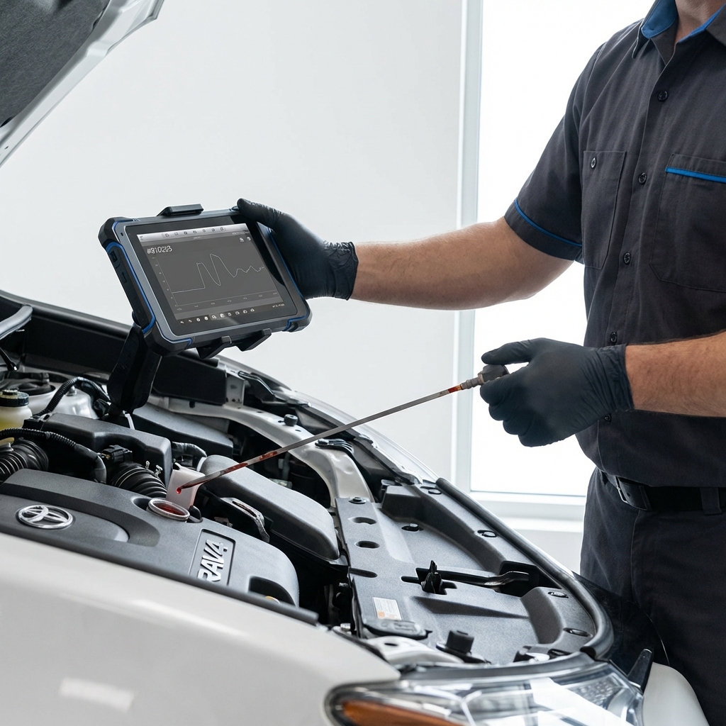 Close up of mechanic checking transmission fluid and attaching diagnostic tool to rav 4 for sale in a clean white garage with subtle CarFax Deals blue accents