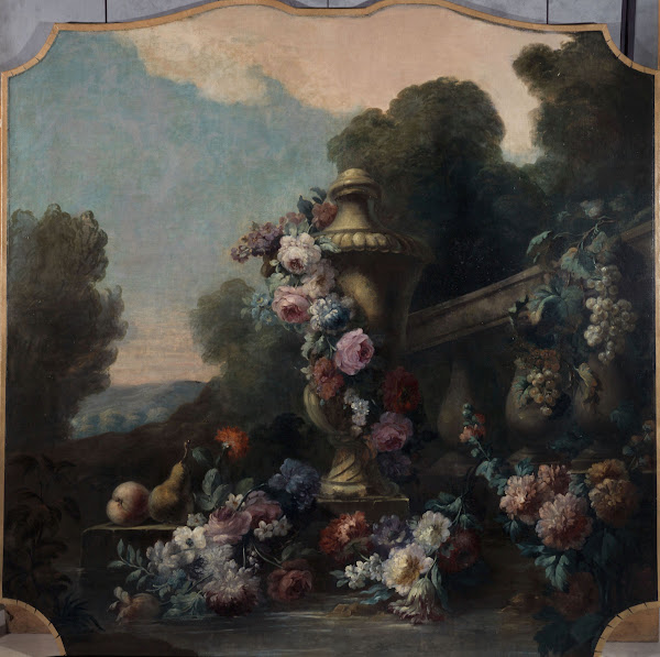 Vase fleurs et fruits dans un paysage 1911