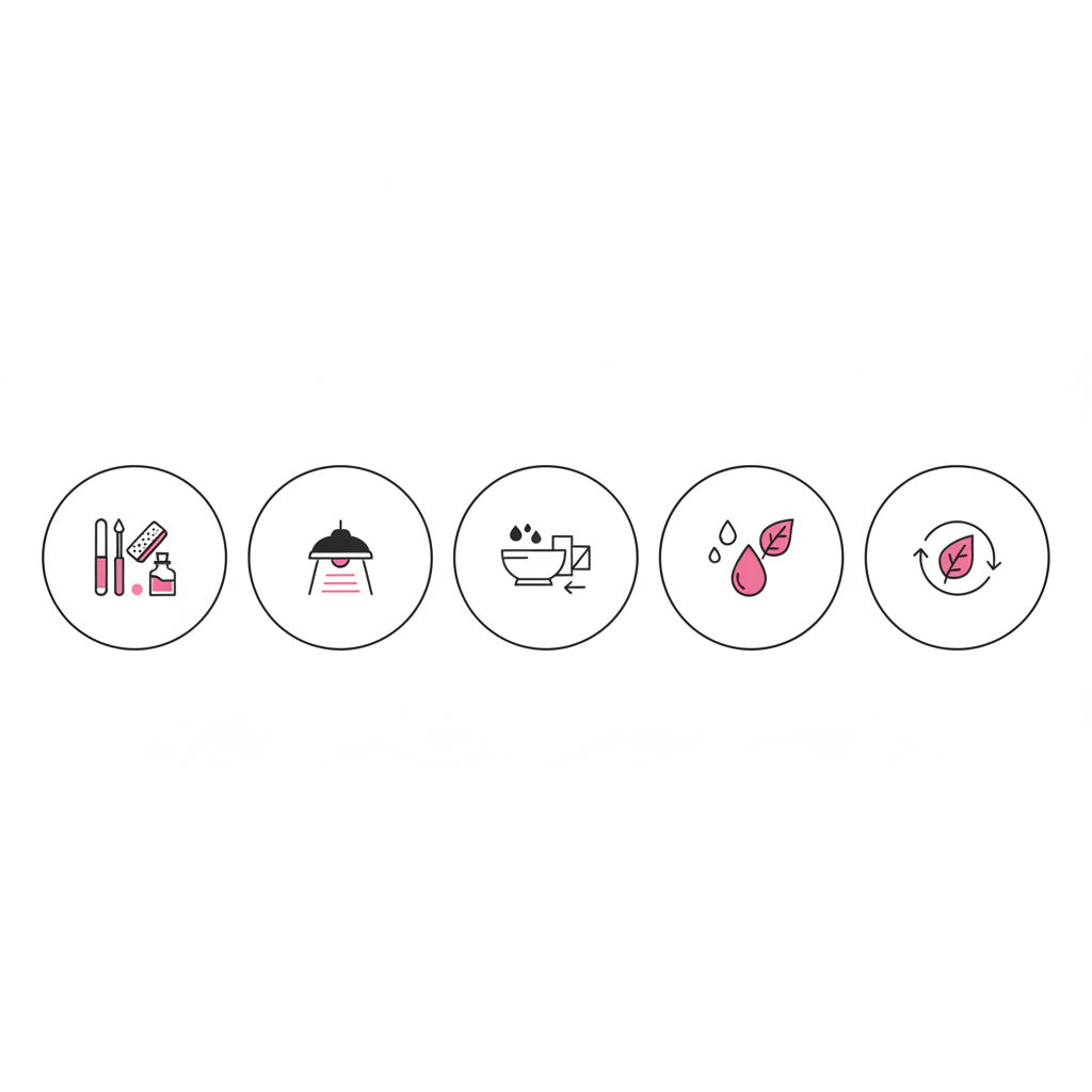 Minimalistische 2D Vektor-Infografik für GellyNails Starter Kit mit fünf Icons (Vorbereitung, Aushärtung, Entfernung, Pflege, Nachhaltigkeit) im NailX-Farbstil.