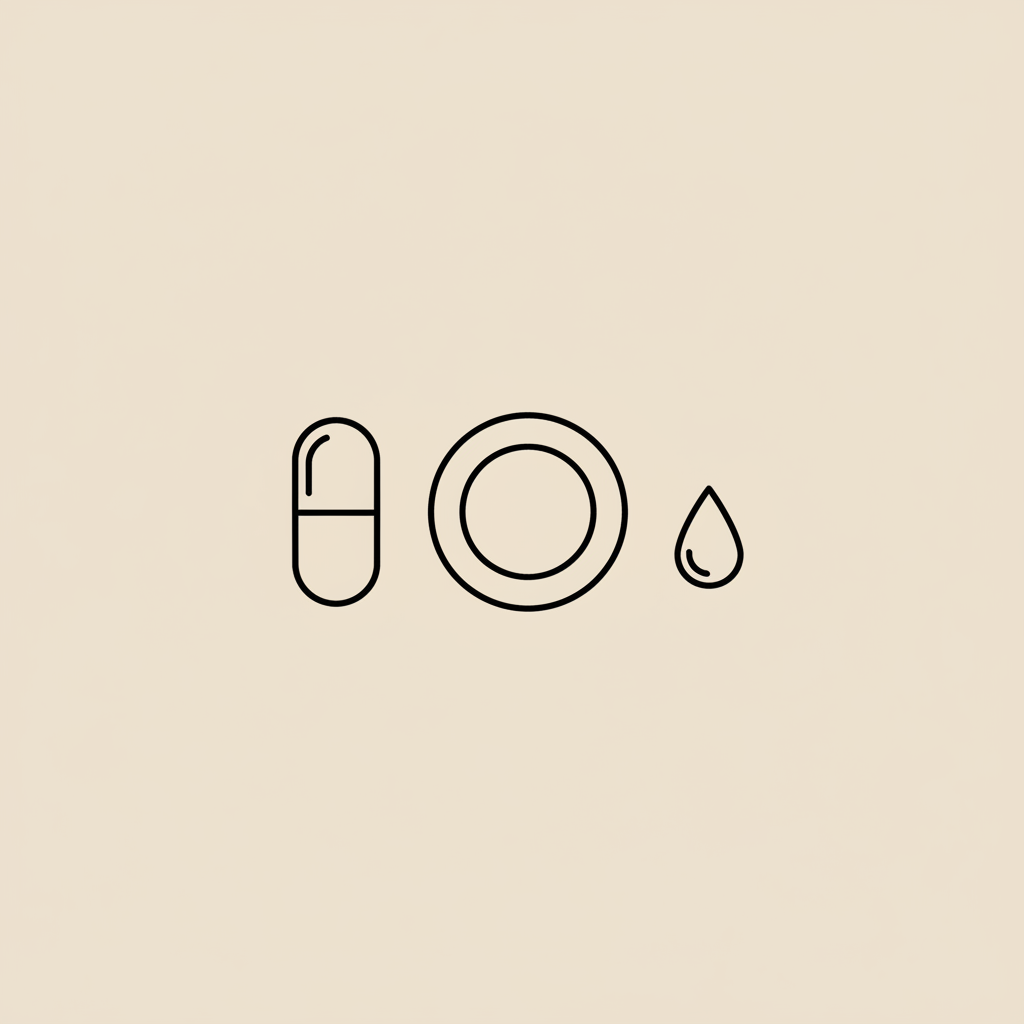 Minimal Tonum-style line illustration of a capsule next to a plate and a water droplet on beige background, does creatine affect belly fat