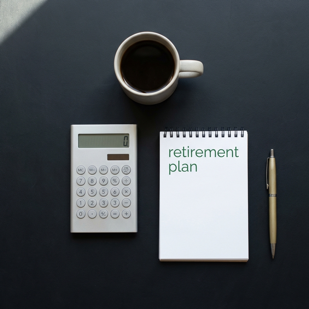Close up of calculator notepad titled retirement plan and coffee on a minimalist dark desk conveying practical retirement planning tips