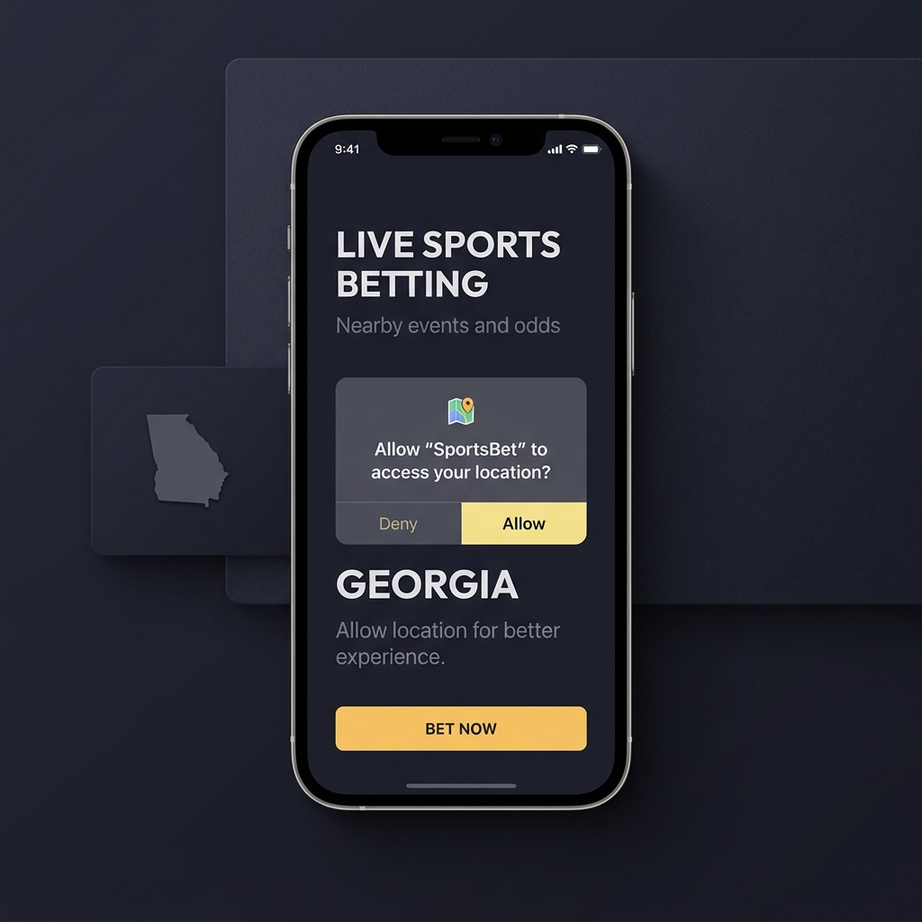 Full frame minimalist smartphone showing a sports betting app with a location permission prompt beside a flat Georgia state outline highlighting georgia betting apps