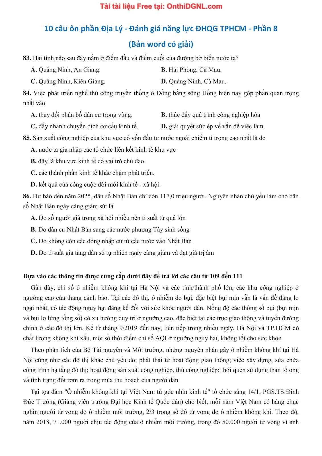 250 bài tập môn Địa Lý - Ôn thi ĐGNL ĐHQG TP HCM Phần 8