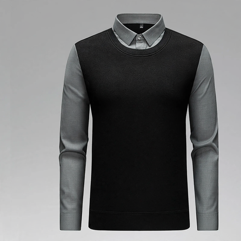 Men's knitted sweater in fake-layer look, warm lining