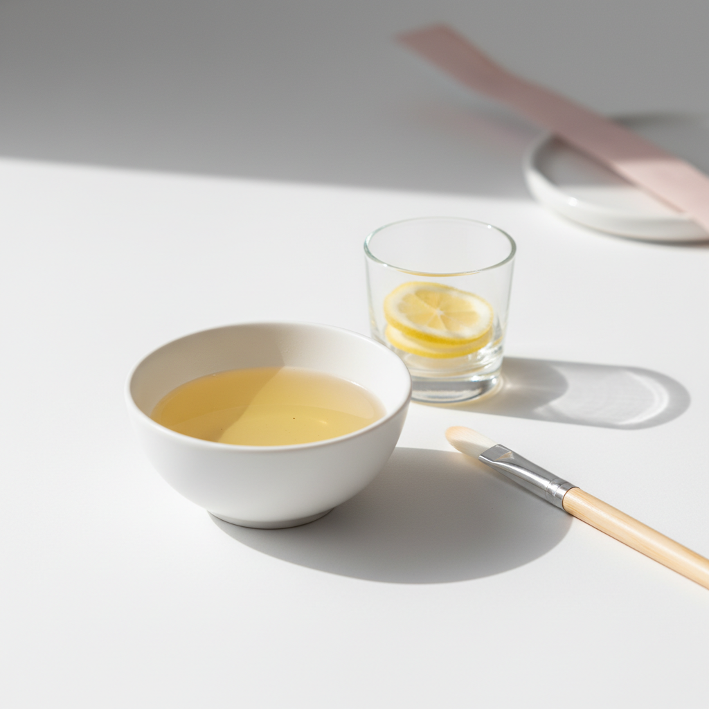 Luftiges Stillleben mit weißer Keramikschale mit Mandelöl, Glas mit Zitronenscheiben und Nagelpflegepinsel – Hausmittel Fingernägel.