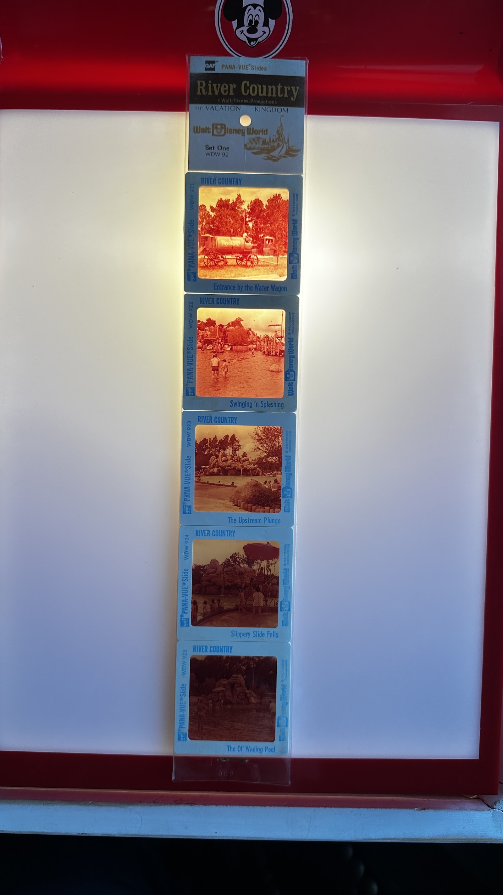 GAF Pana-Vue slide set for Walt Disney World River Country, five slides with original Mickey Mouse header card and plastic sleeve, circa 1976