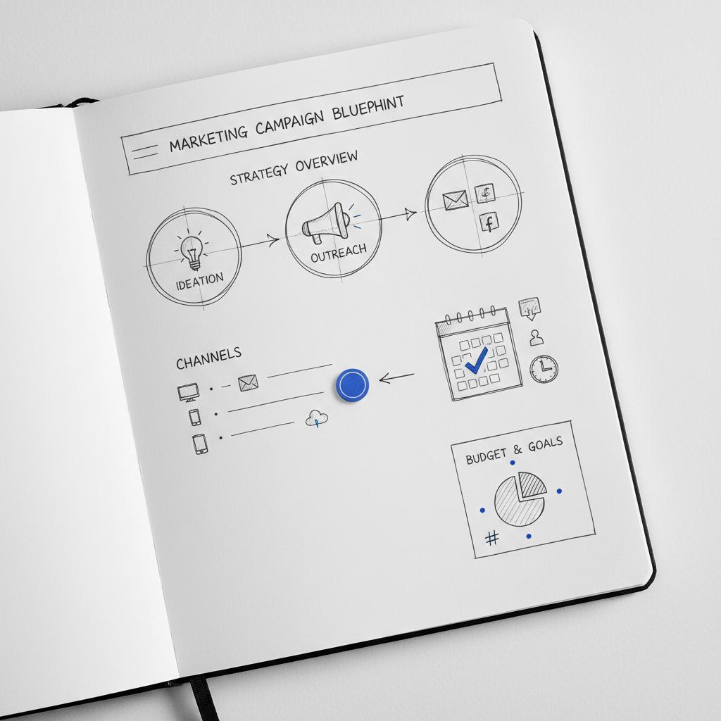 Notebook-style hand-sketched wireframe of a homepage for a website for cleaning business showing hero area, three service cards, blue booking button and a map pin on textured white paper
