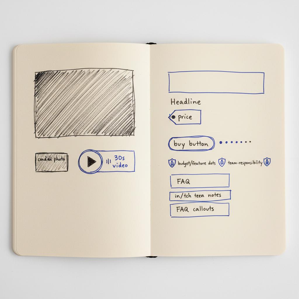 Top-down sketchbook spread of a product page wireframe with headline and price placeholders, FAQ callouts, candid photo thumbnail and 30s video icon, highlights in #1a5bfb for big 4 ad agencies