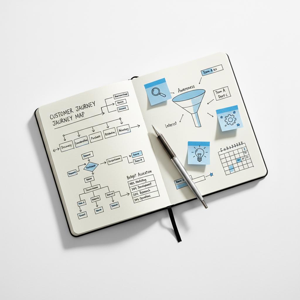 Top-down tidy desk with an open notebook of strategic sketches showing customer touchpoints, flow charts, a small calendar and sticky notes &mdash; visual for Thumbtack charge pros