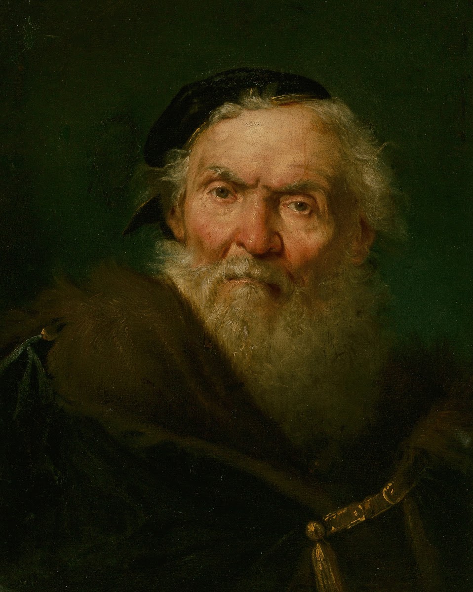 Bearded old man wearing a fur trimmed cloak with gold clasp circa 1750