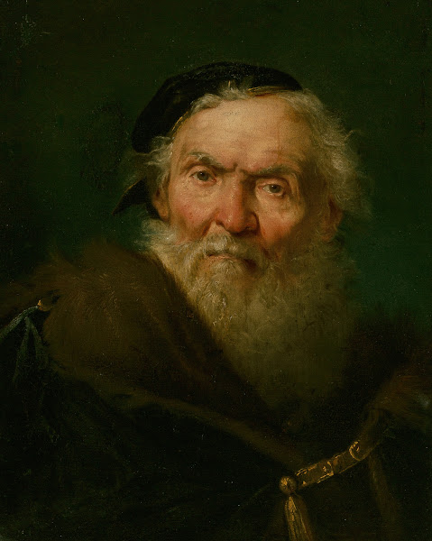 Bearded old man wearing a fur trimmed cloak with gold clasp circa 1750