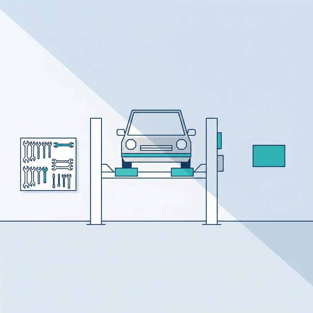Minimalist 2D vector of a tidy mechanic garage with a car on a lift and neatly arranged tools emphasizing cleanliness and trustworthiness best cheap used car