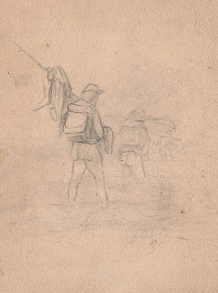 Rough sketch of soldiers walking with backpacks 1862