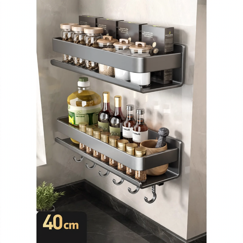 Wall-mounted kitchen shelf made of steel, no drilling required