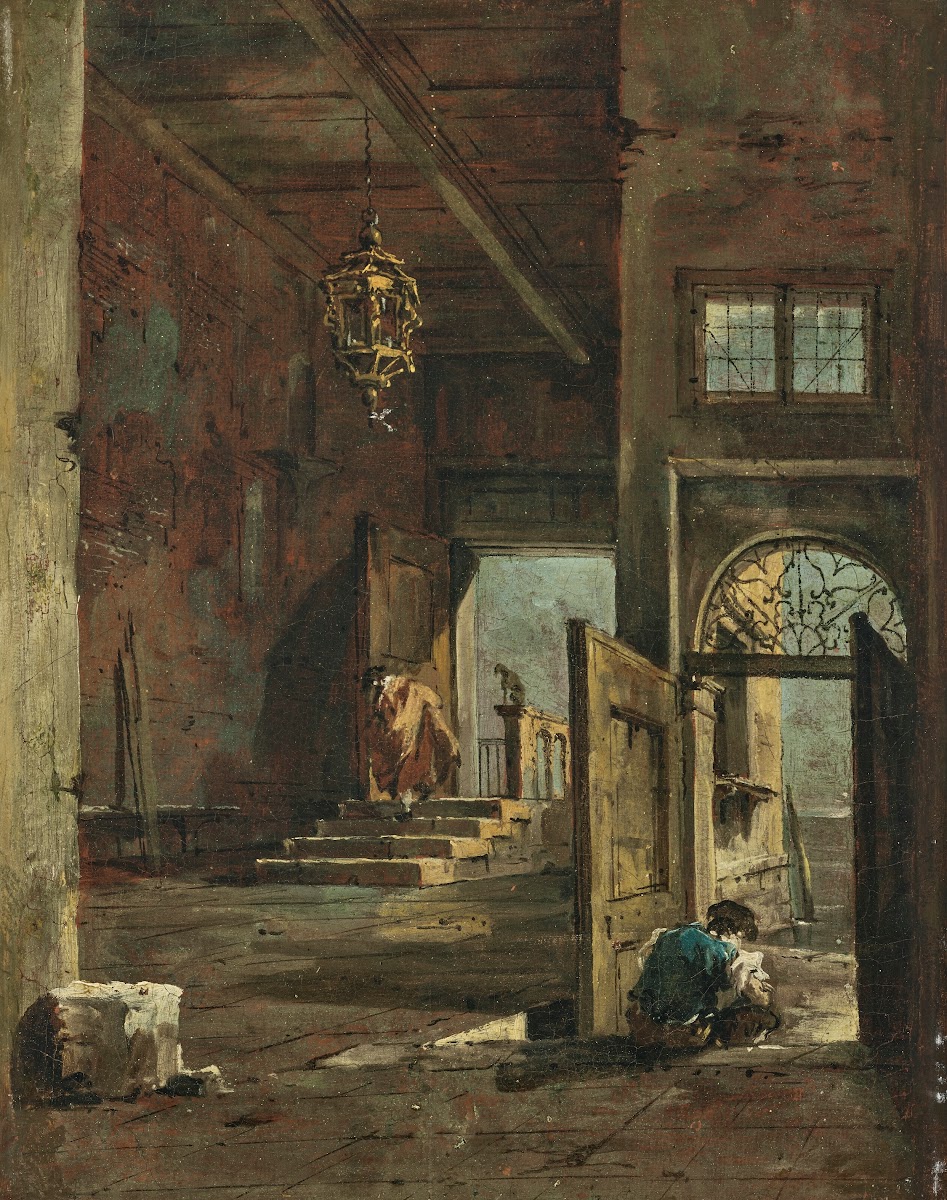 The interior courtyard of a Venetian palazzo with two figures