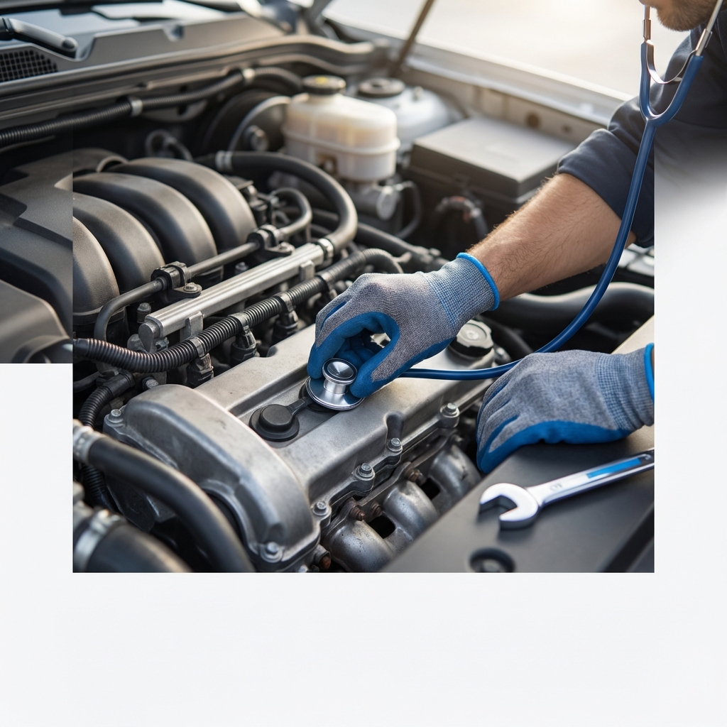 Mechanic listening to engine with stethoscope during cold start inspection focusing on hands and engine bay used chevy silverado for sale